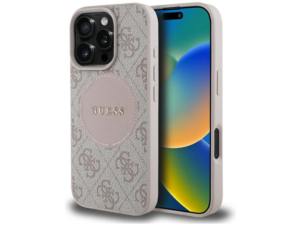 Etui GUESS 4G Circle Classic Logo MagSafe do Apple iPhone 16 Pro Max Różowy etui na białym tle skóra ekologiczna, elegancja, moda, detale