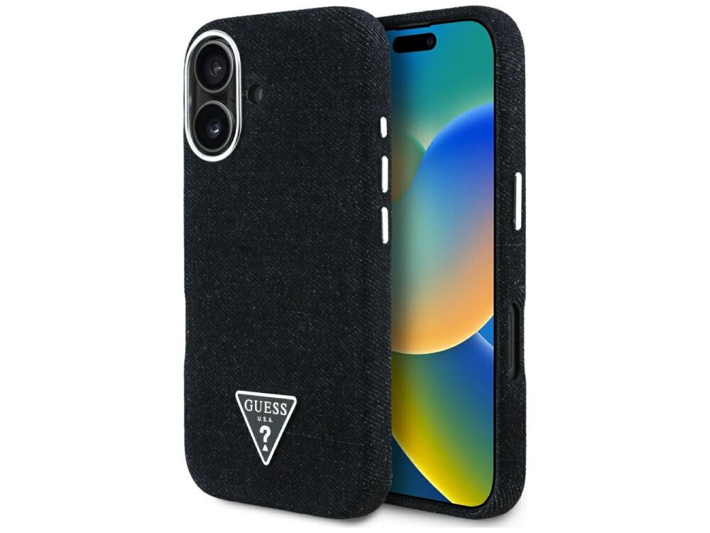 Etui GUESS Denim Triangle Logo MagSafe do Apple iPhone 16 Czarny etui na białym tle prestiż, wykończenie, złote logo, modowy dodatek