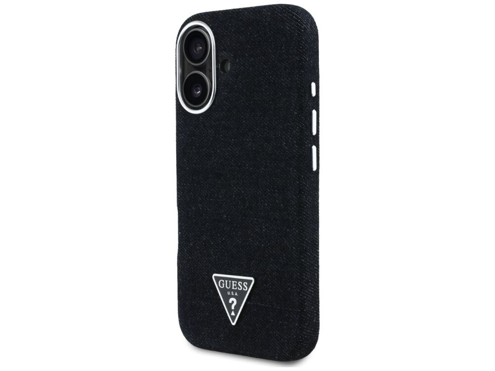 Etui GUESS Denim Triangle Logo MagSafe do Apple iPhone 16 Czarny etui na białym tle miękka wyściółka, aluminium pc, montaż, demontaż, podniesione ranty, elastyczne boki