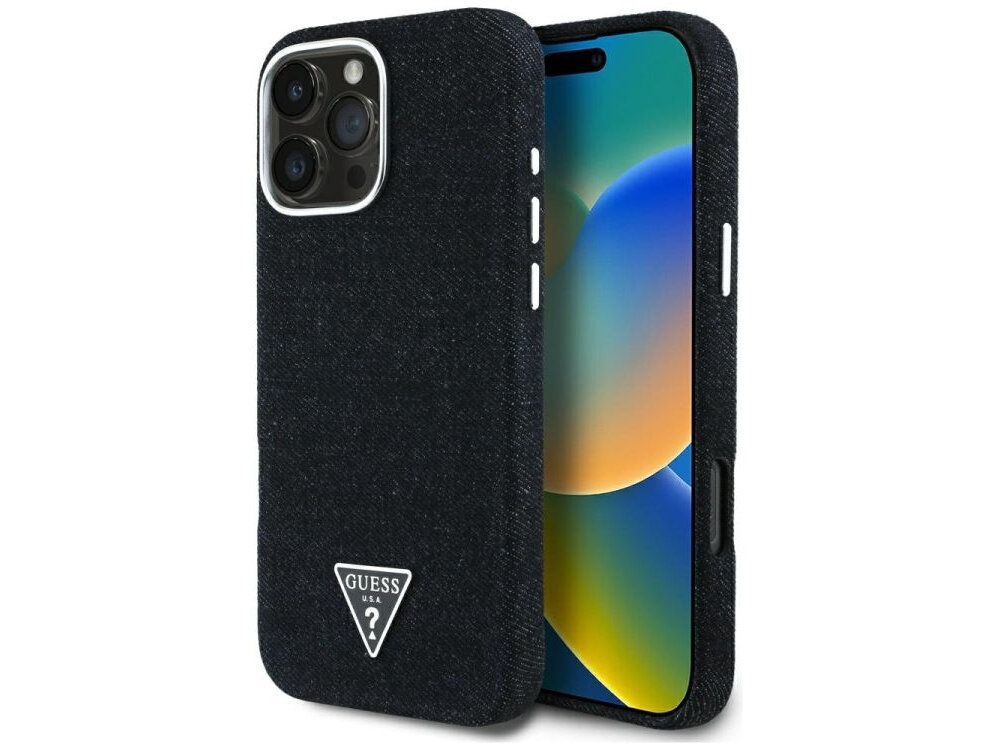 Etui GUESS Denim Triangle Logo MagSafe do Apple iPhone 16 Pro Czarny etui na białym tle prestiż, wykończenie, złote logo, modowy dodatek
