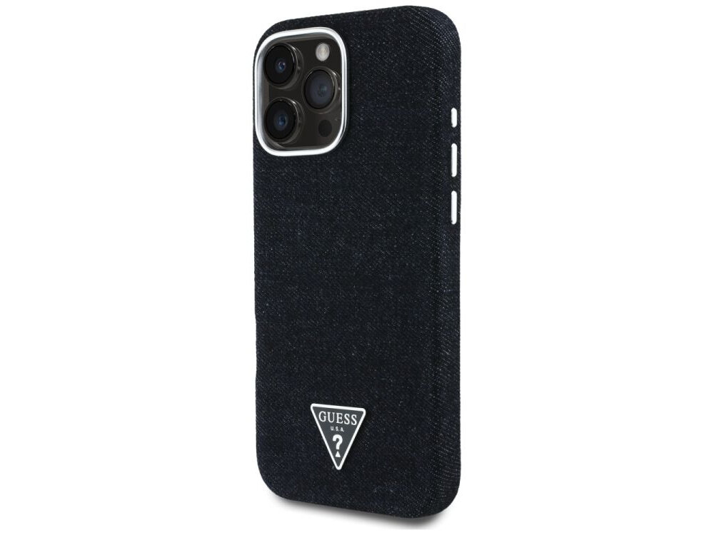 Etui GUESS Denim Triangle Logo MagSafe do Apple iPhone 16 Pro Czarny etui na białym tle miękka wyściółka, aluminium pc, montaż, demontaż, podniesione ranty, elastyczne boki