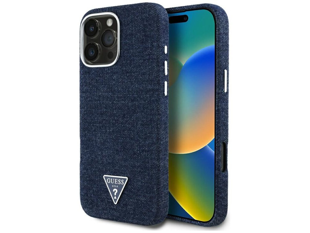 Etui GUESS Denim Triangle Logo MagSafe do Apple iPhone 16 Pro Niebieski etui na białym tle prestiż, wykończenie, złote logo, modowy dodatek