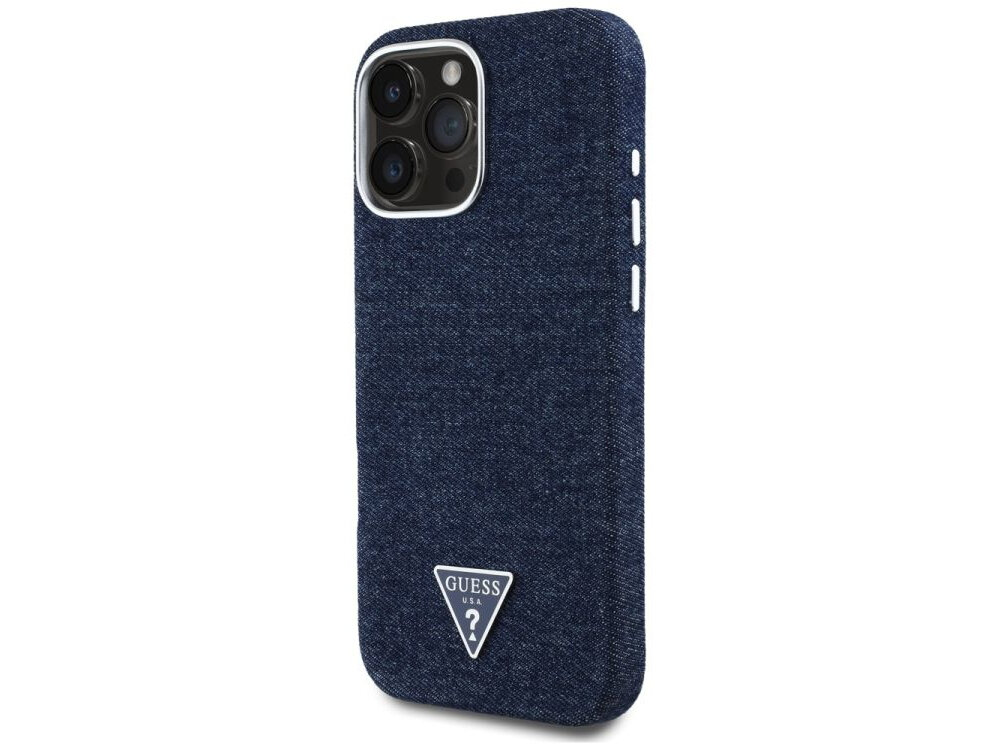 Etui GUESS Denim Triangle Logo MagSafe do Apple iPhone 16 Pro Niebieski etui na białym tle miękka wyściółka, aluminium pc, montaż, demontaż, podniesione ranty, elastyczne boki