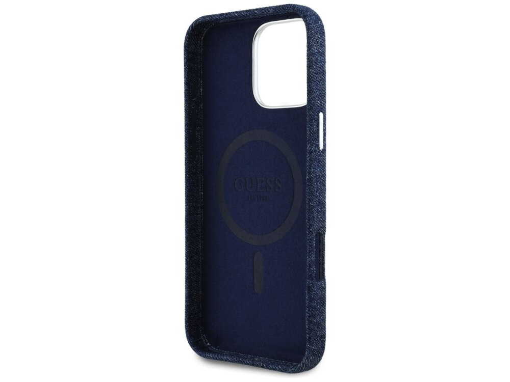 Etui GUESS Denim Triangle Logo MagSafe do Apple iPhone 16 Pro Niebieski etui na białym tle mocne magnesy, magsafe, pierścień, ładowanie