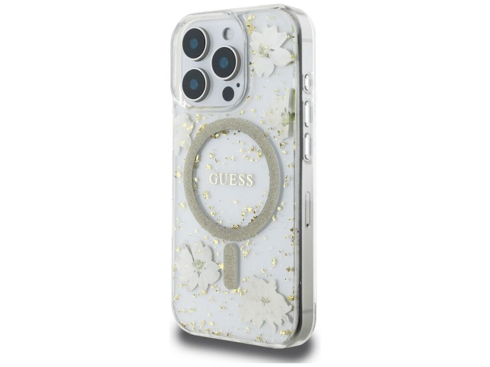 Etui GUESS Resin Flowers Glitter MagSafe do Apple iPhone 16 Pro Beżowy etui na białym tle elastyczne boki, podniesione krawędzie, połączenie tpu, pc, wstrząsy, ochrona