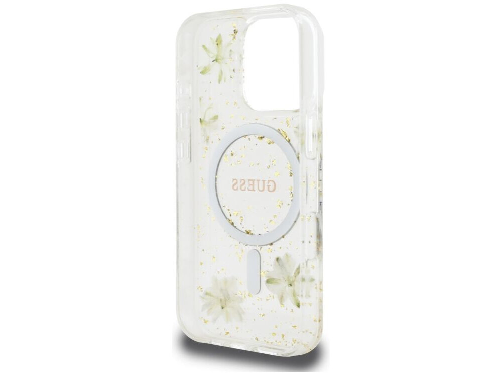 Etui GUESS Resin Flowers Glitter MagSafe do Apple iPhone 16 Pro Beżowy etui na białym tle akcesoria kompatybilność, zintegrowany pierścień