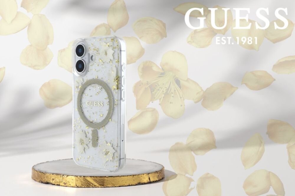 Etui GUESS Resin Flowers Glitter MagSafe do Apple iPhone 16 Beżowy smartfon w etui na postumencie, logo marki w tle