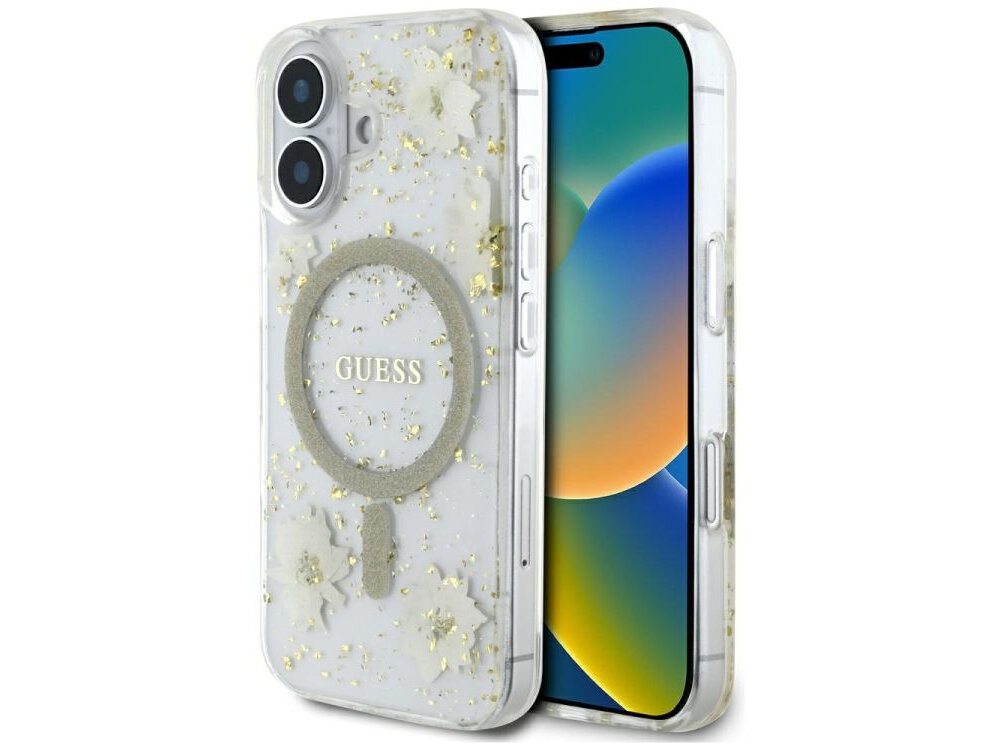 Etui GUESS Resin Flowers Glitter MagSafe do Apple iPhone 16 Beżowy etui na białym tle design, brokat, etui