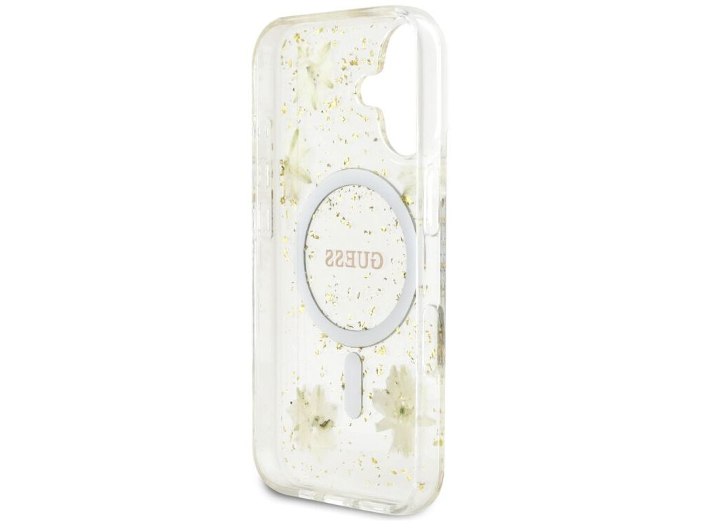 Etui GUESS Resin Flowers Glitter MagSafe do Apple iPhone 16 Beżowy etui na białym tle akcesoria kompatybilność, zintegrowany pierścień