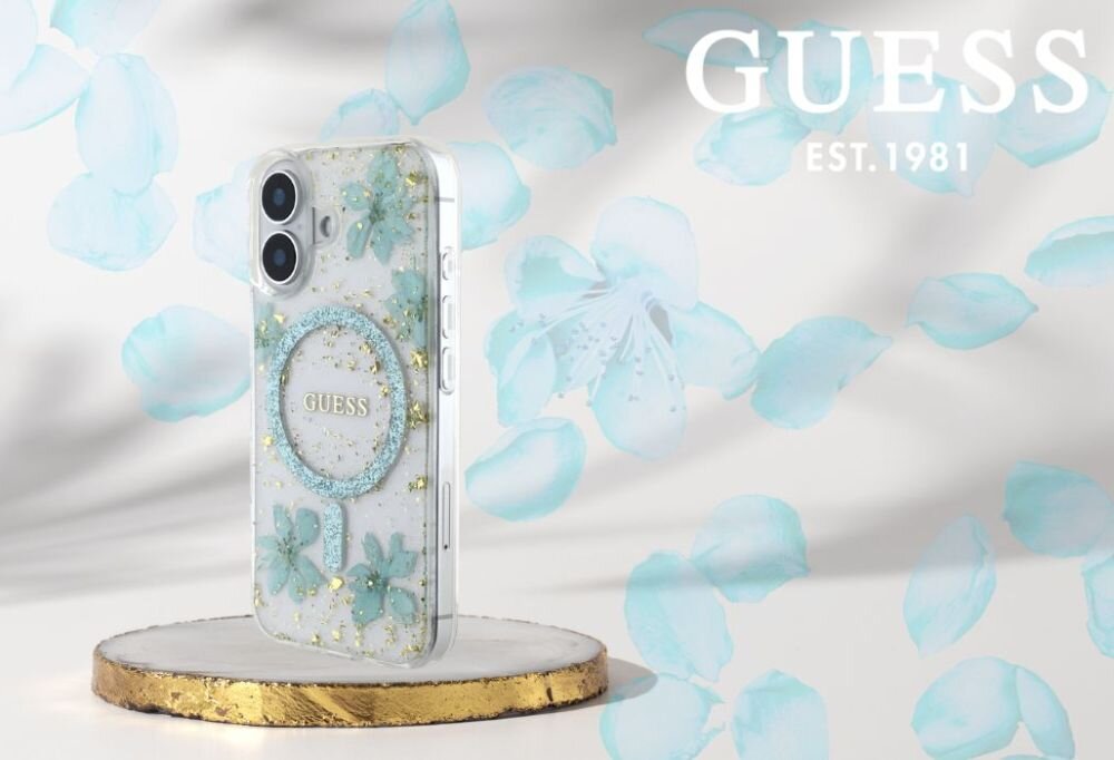 Etui GUESS Resin Flowers Glitter MagSafe do Apple iPhone 16 Turkusowy smartfon w etui na postumencie, logo marki w tle