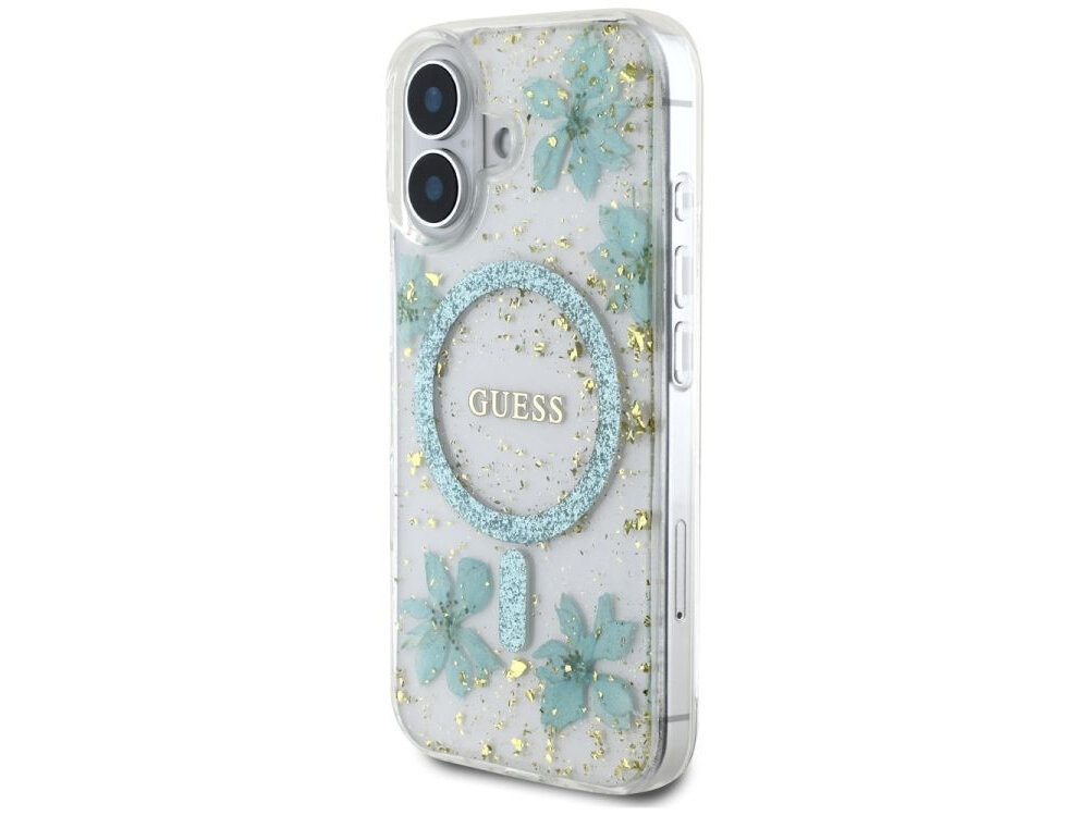 Etui GUESS Resin Flowers Glitter MagSafe do Apple iPhone 16 Turkusowy etui na białym tle elastyczne boki, podniesione krawędzie, połączenie tpu, pc, wstrząsy, ochrona