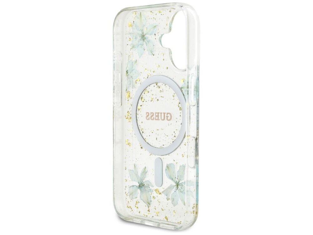 Etui GUESS Resin Flowers Glitter MagSafe do Apple iPhone 16 Turkusowy etui na białym tle akcesoria kompatybilność, zintegrowany pierścień