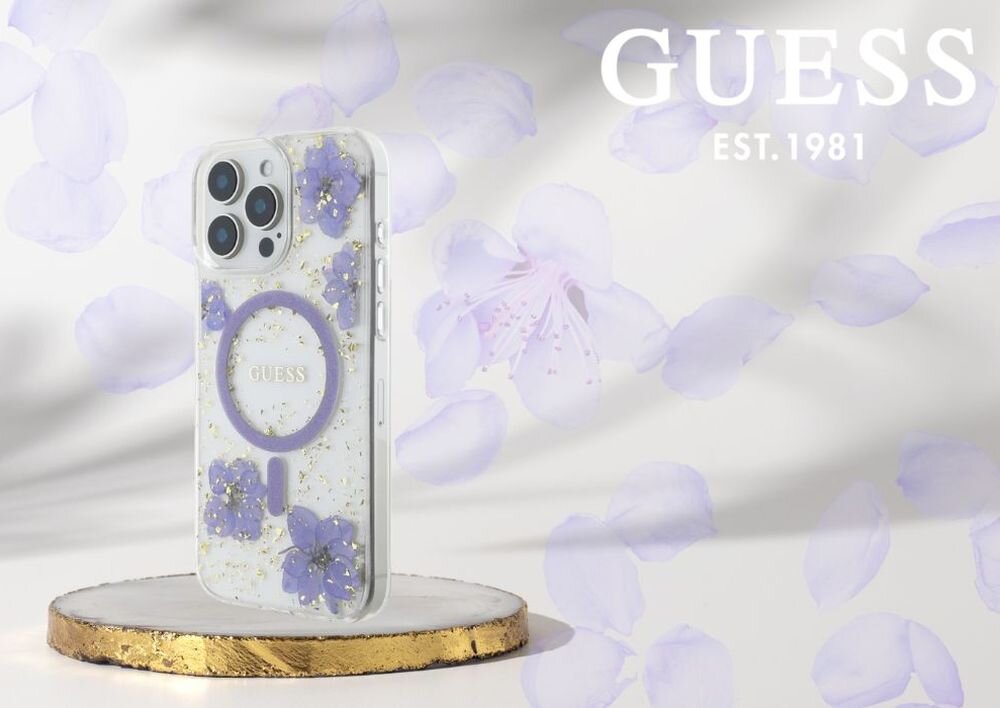 Etui GUESS Resin Flowers Glitter MagSafe do Apple iPhone 16 Pro Max Fioletowy smartfon w etui na postumencie, logo marki w tle
