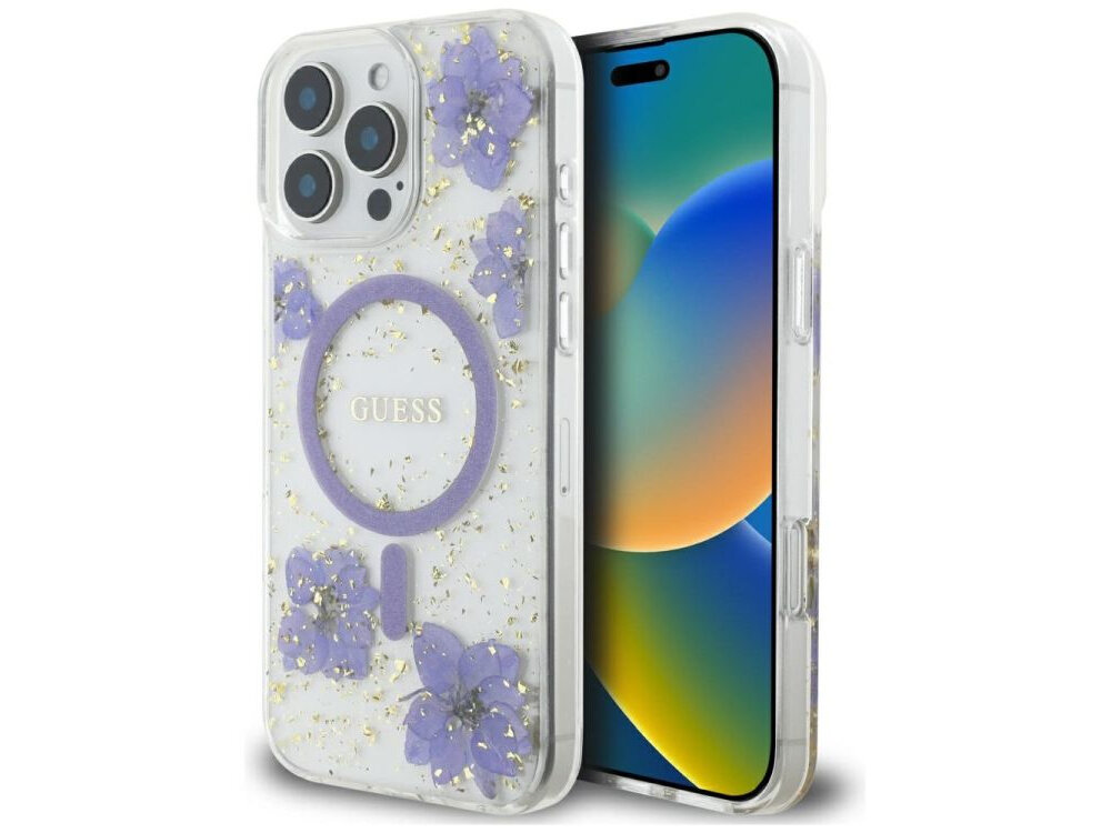 Etui GUESS Resin Flowers Glitter MagSafe do Apple iPhone 16 Pro Max Fioletowy etui na białym tle design, brokat, etui