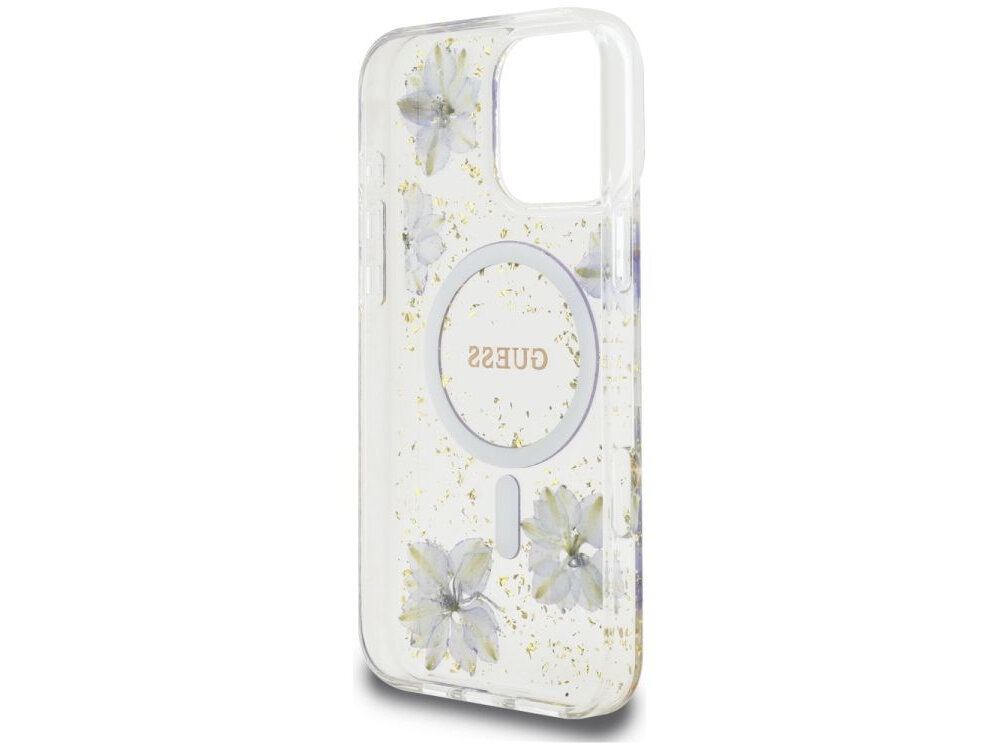Etui GUESS Resin Flowers Glitter MagSafe do Apple iPhone 16 Pro Max Fioletowy etui na białym tle akcesoria kompatybilność, zintegrowany pierścień