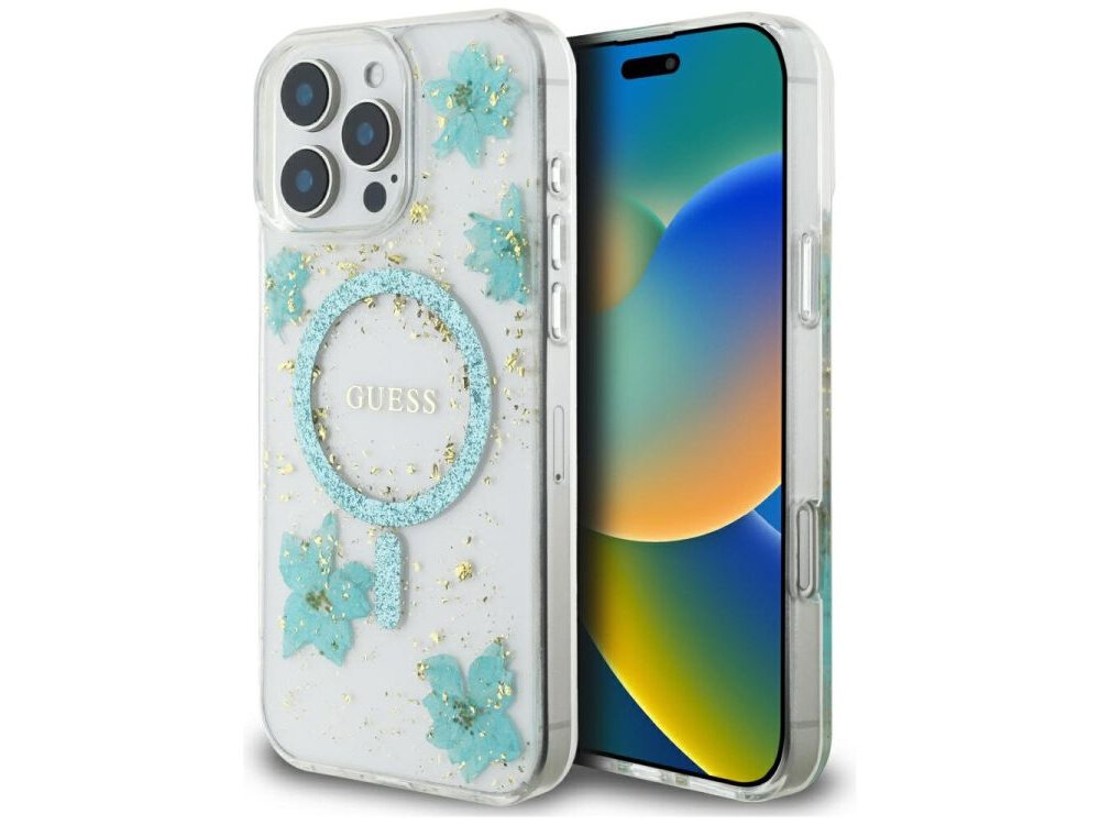 Etui GUESS Resin Flowers Glitter MagSafe do Apple iPhone 16 Pro Turkusowy etui na białym tle design, brokat, etui