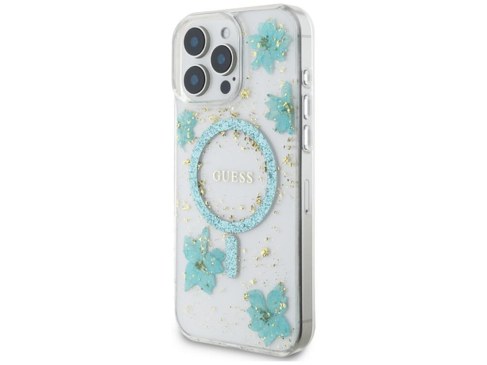 Etui GUESS Resin Flowers Glitter MagSafe do Apple iPhone 16 Pro Turkusowy etui na białym tle elastyczne boki, podniesione krawędzie, połączenie tpu, pc, wstrząsy, ochrona