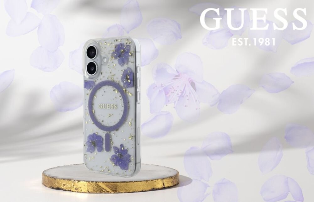 Etui GUESS Resin Flowers Glitter MagSafe do Apple iPhone 16 Fioletowy smartfon w etui na postumencie, logo marki w tle