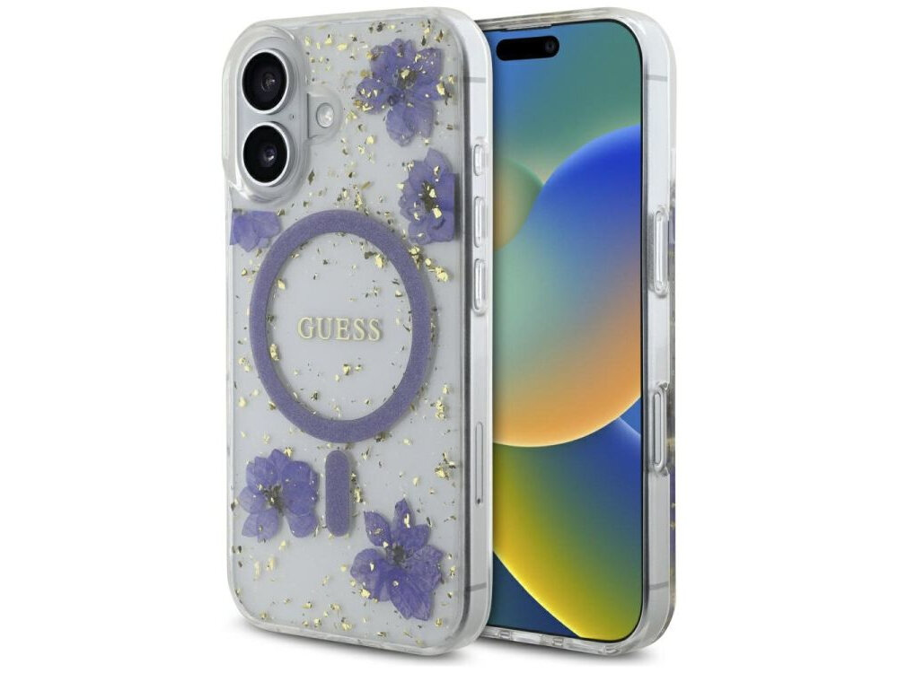 Etui GUESS Resin Flowers Glitter MagSafe do Apple iPhone 16 Fioletowy etui na białym tle design, brokat, etui