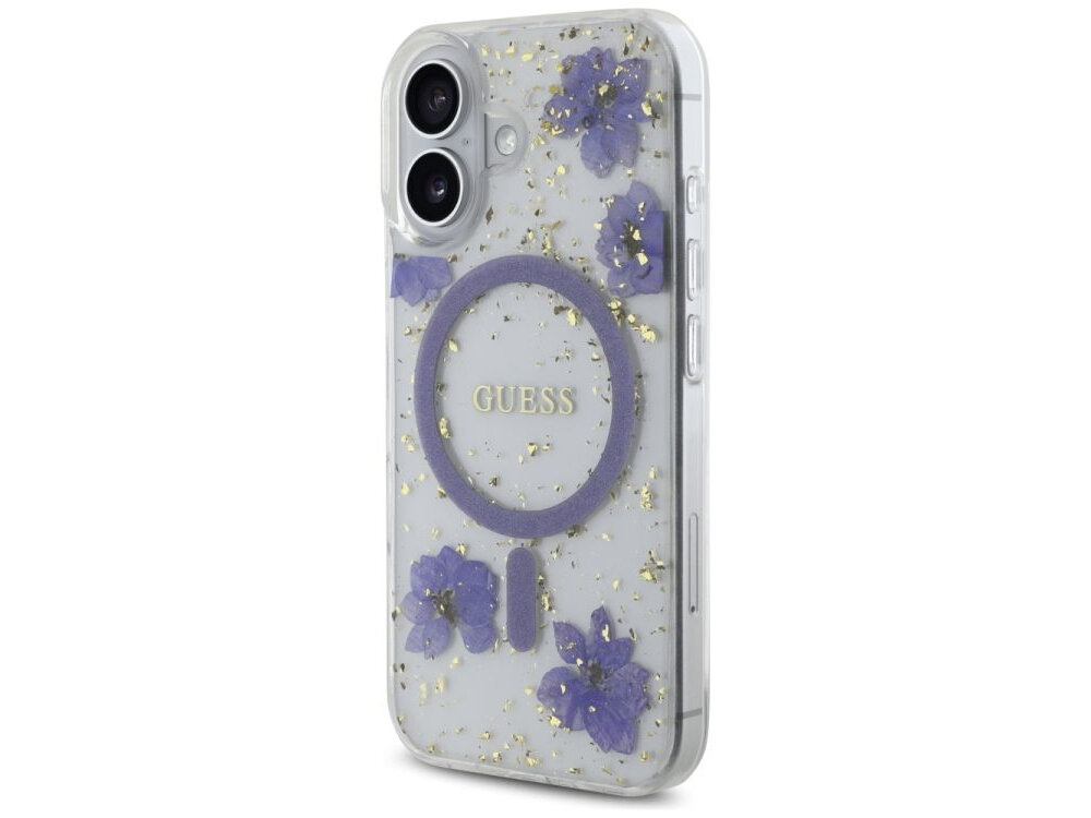 Etui GUESS Resin Flowers Glitter MagSafe do Apple iPhone 16 Fioletowy etui na białym tle elastyczne boki, podniesione krawędzie, połączenie tpu, pc, wstrząsy, ochrona