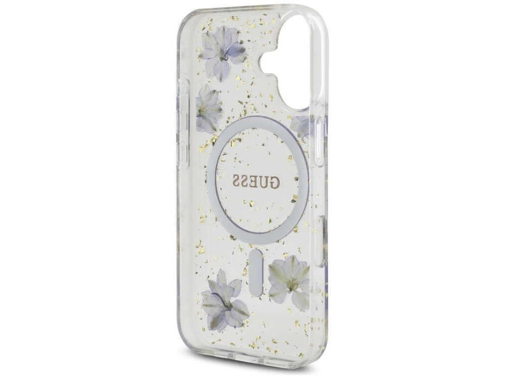 Etui GUESS Resin Flowers Glitter MagSafe do Apple iPhone 16 Fioletowy etui na białym tle akcesoria kompatybilność, zintegrowany pierścień