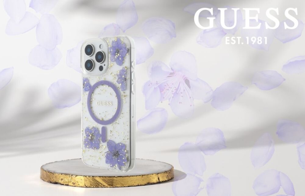 Etui GUESS Resin Flowers Glitter MagSafe do Apple iPhone 16 Pro Fioletowy smartfon w etui na postumencie, logo marki w tle