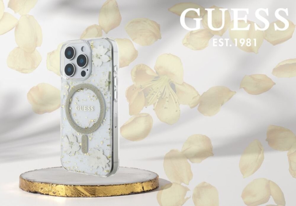 Etui GUESS Resin Flowers Glitter MagSafe do Apple iPhone 16 Pro Max Beżowy smartfon w etui na postumencie, logo marki w tle