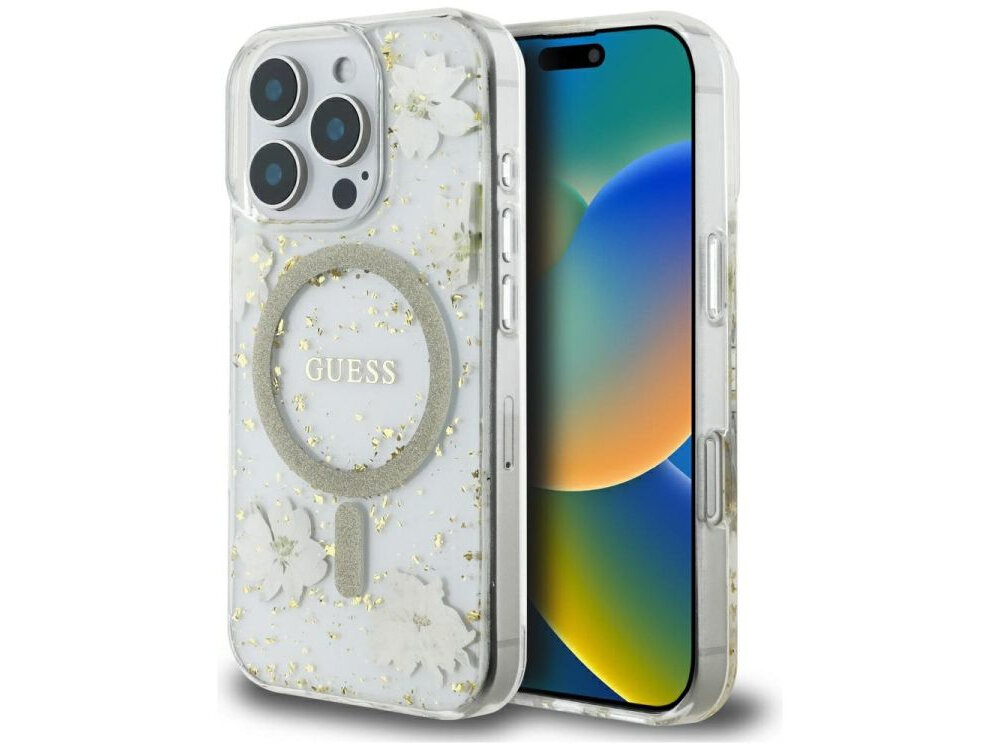 Etui GUESS Resin Flowers Glitter MagSafe do Apple iPhone 16 Pro Max Beżowy etui na białym tle design, brokat, etui