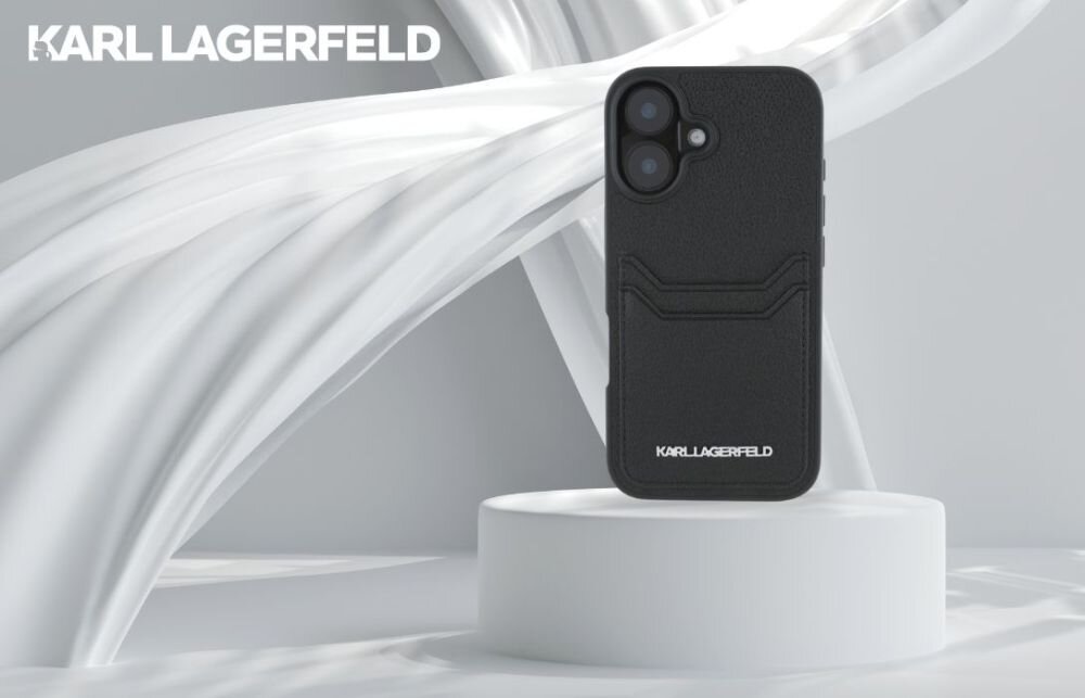 Etui KARL LAGERFELD HC Grained PU Cardslot Metal Elong do Apple iPhone 16 Czarny smartfon w etui na postumencie, logo marki w tle