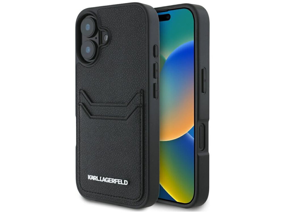 Etui KARL LAGERFELD HC Grained PU Cardslot Metal Elong do Apple iPhone 16 Czarny etui na białym tle design klasyka, skóra ekologiczna