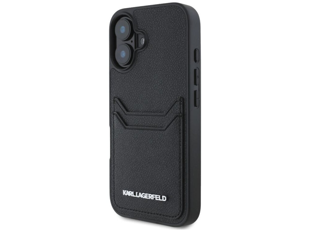Etui KARL LAGERFELD HC Grained PU Cardslot Metal Elong do Apple iPhone 16 Czarny etui na białym tle elastyczne boki, podniesione krawędzie, ekoskóra, tpu, pc