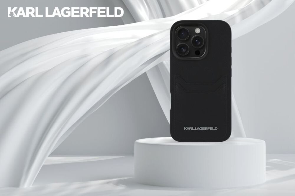 Etui KARL LAGERFELD HC Grained PU Cardslot Metal Elong do Apple iPhone 16 Pro Czarny smartfon w etui na postumencie, logo marki w tle