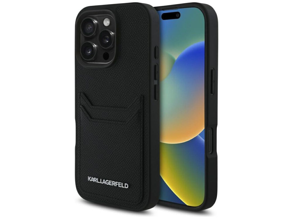 Etui KARL LAGERFELD HC Grained PU Cardslot Metal Elong do Apple iPhone 16 Pro Czarny etui na białym tle design klasyka, skóra ekologiczna