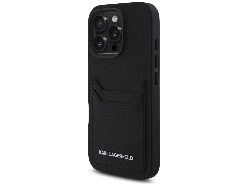 Etui KARL LAGERFELD HC Grained PU Cardslot Metal Elong do Apple iPhone 16 Pro Czarny etui na białym tle elastyczne boki, podniesione krawędzie, ekoskóra, tpu, pc