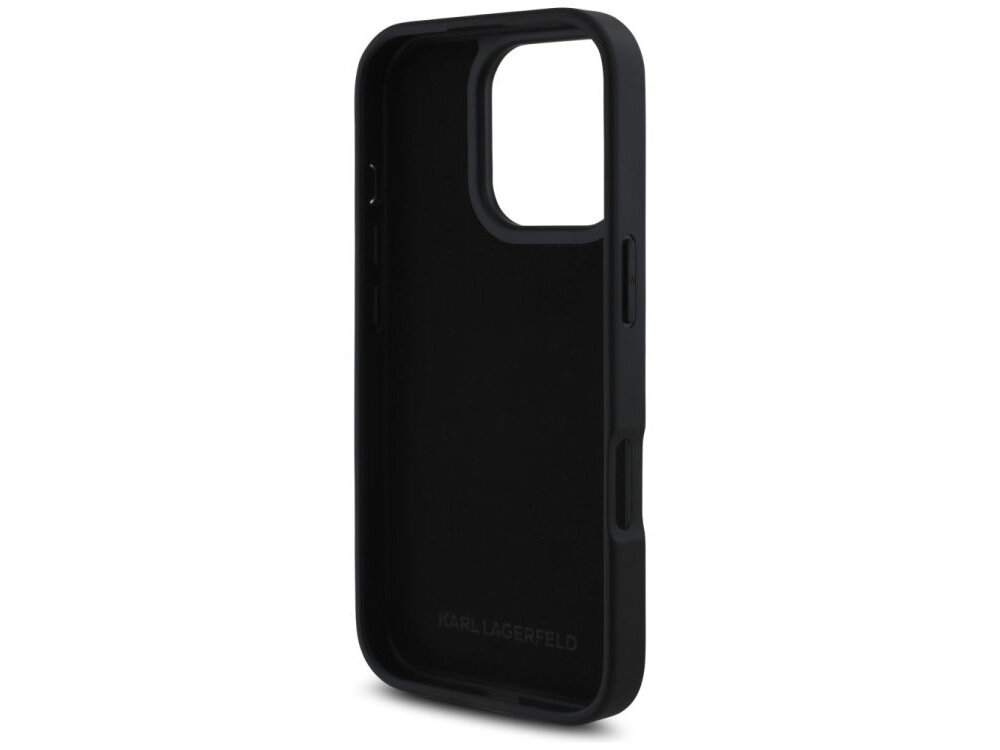 Etui KARL LAGERFELD HC Grained PU Cardslot Metal Elong do Apple iPhone 16 Pro Czarny etui na białym tle przeszycia, detale, kieszonki, karty kredytowe