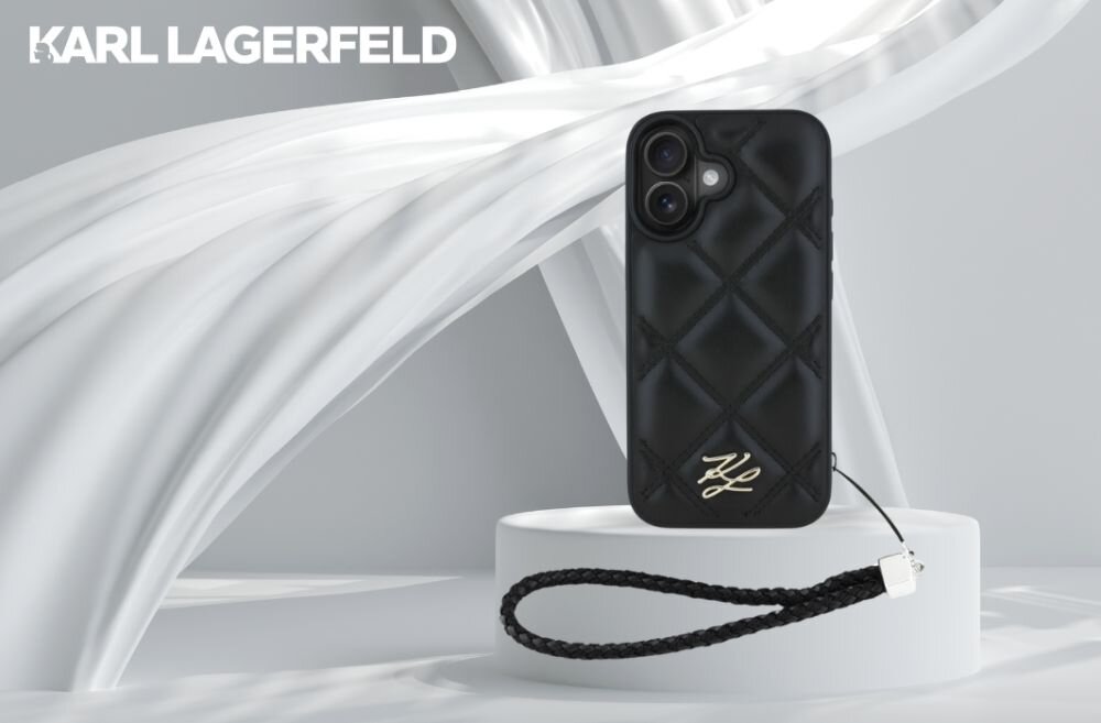 Etui KARL LAGERFELD Quilted Initial Logo & Chain Strap do Apple iPhone 16 Czarny smartfon w etui na postumencie, logo marki w tle