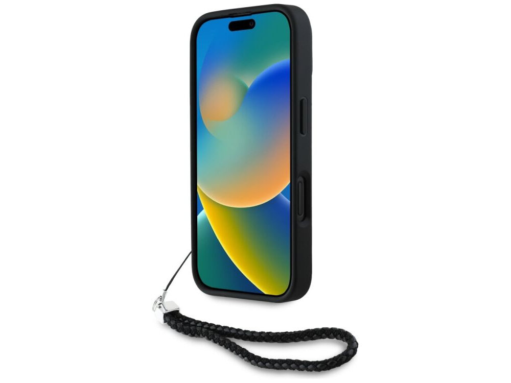 Etui KARL LAGERFELD Quilted Initial Logo & Chain Strap do Apple iPhone 16 Czarny etui na białym tle elegancja, wykończenie, logo, skóra ekologiczna