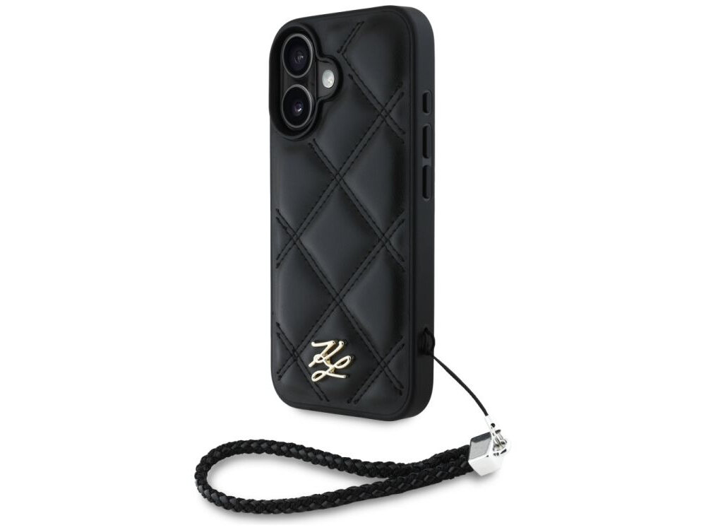 Etui KARL LAGERFELD Quilted Initial Logo & Chain Strap do Apple iPhone 16 Czarny etui na białym tle porty, przyciski, dostęp, krawędzie, odporność, uderzenia, uszkodzenia, zarysowania