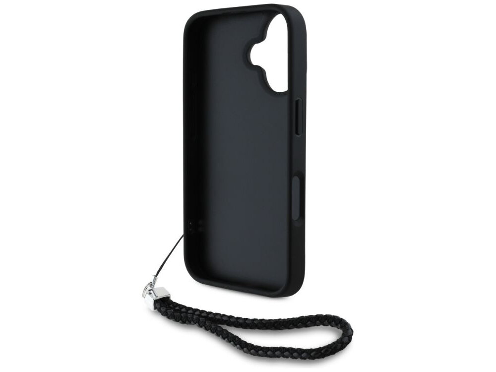 Etui KARL LAGERFELD Quilted Initial Logo & Chain Strap do Apple iPhone 16 Czarny etui na białym tle smycz, wykonanie, łańcuszek