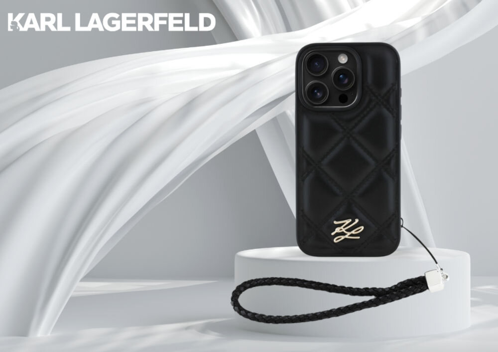 Etui KARL LAGERFELD Quilted Initial Logo & Chain Strap do Apple iPhone 16 Pro Max Czarny smartfon w etui na postumencie, logo marki w tle