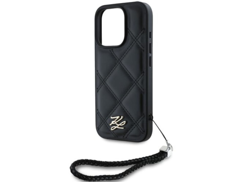 Etui KARL LAGERFELD Quilted Initial Logo & Chain Strap do Apple iPhone 16 Pro Max Czarny etui na białym tle porty, przyciski, dostęp, krawędzie, odporność, uderzenia, uszkodzenia, zarysowania