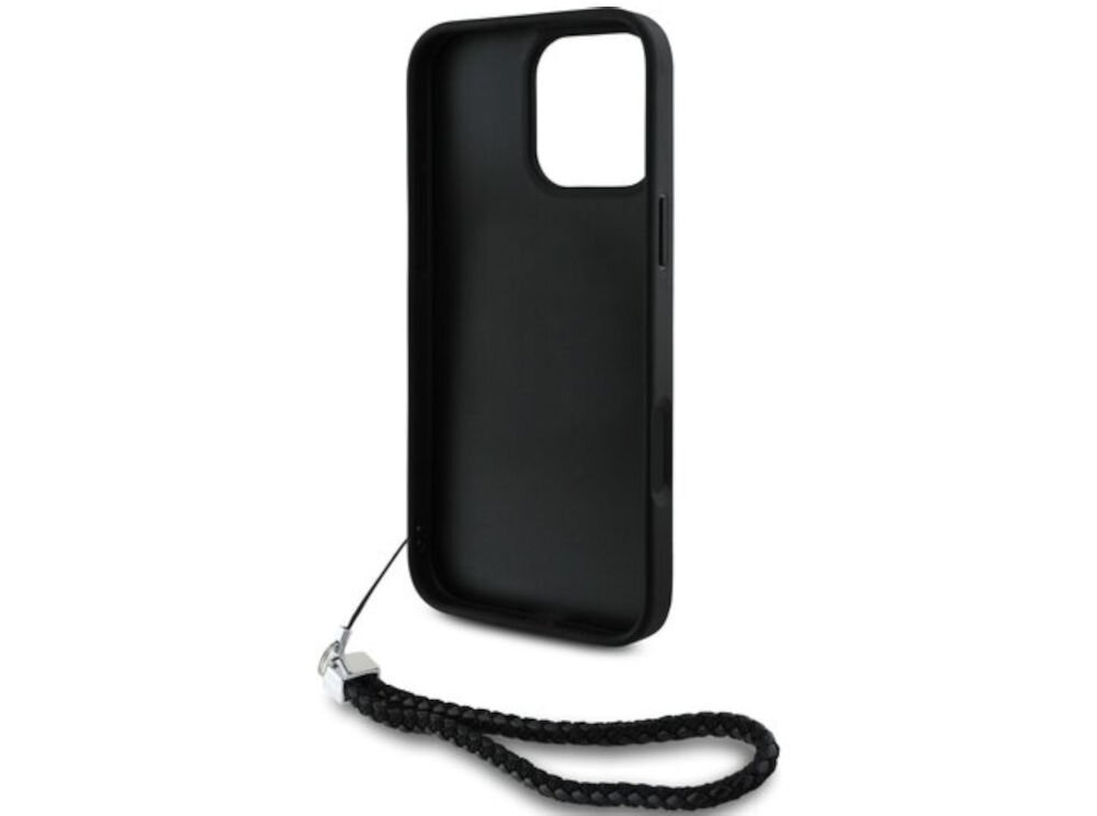 Etui KARL LAGERFELD Quilted Initial Logo & Chain Strap do Apple iPhone 16 Pro Max Czarny etui na białym tle smycz, wykonanie, łańcuszek
