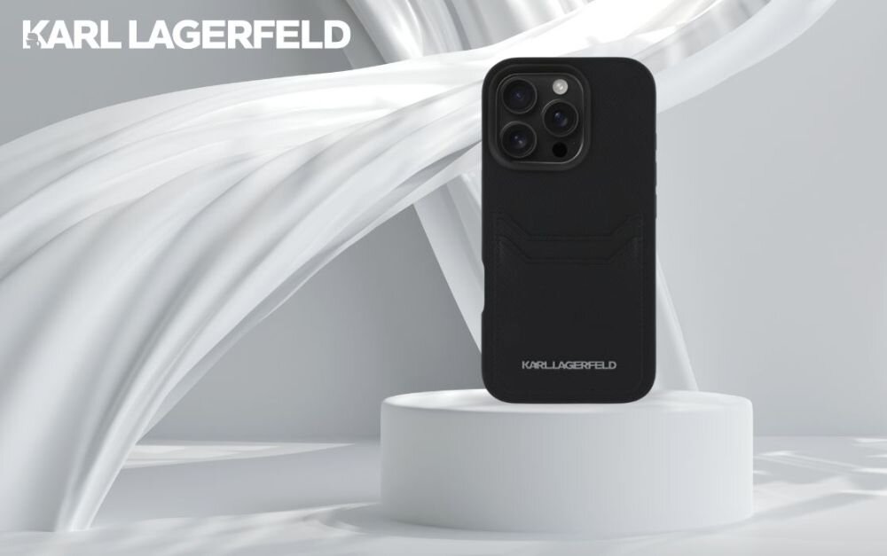 Etui KARL LAGERFELD HC Grained PU Cardslot Metal Elong do Apple iPhone 16 Pro Max Czarny smartfon w etui na postumencie, logo marki w tle