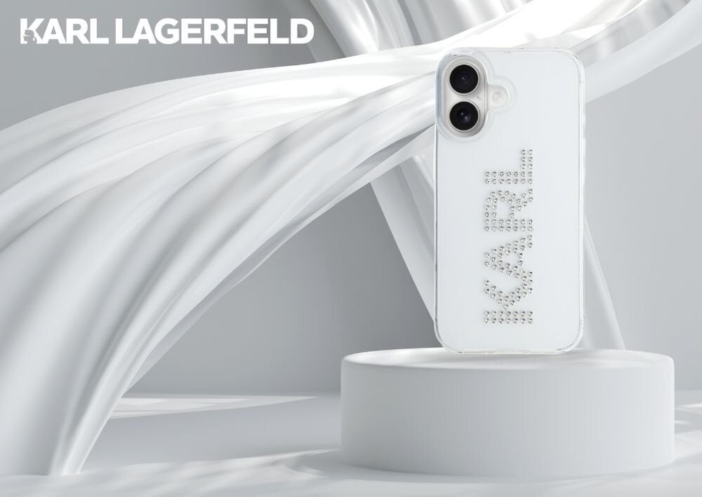 Etui KARL LAGERFELD IML Rhinestones Logo do Apple iPhone 16 Przezroczysty smartfon w etui na postumencie, logo marki w tle