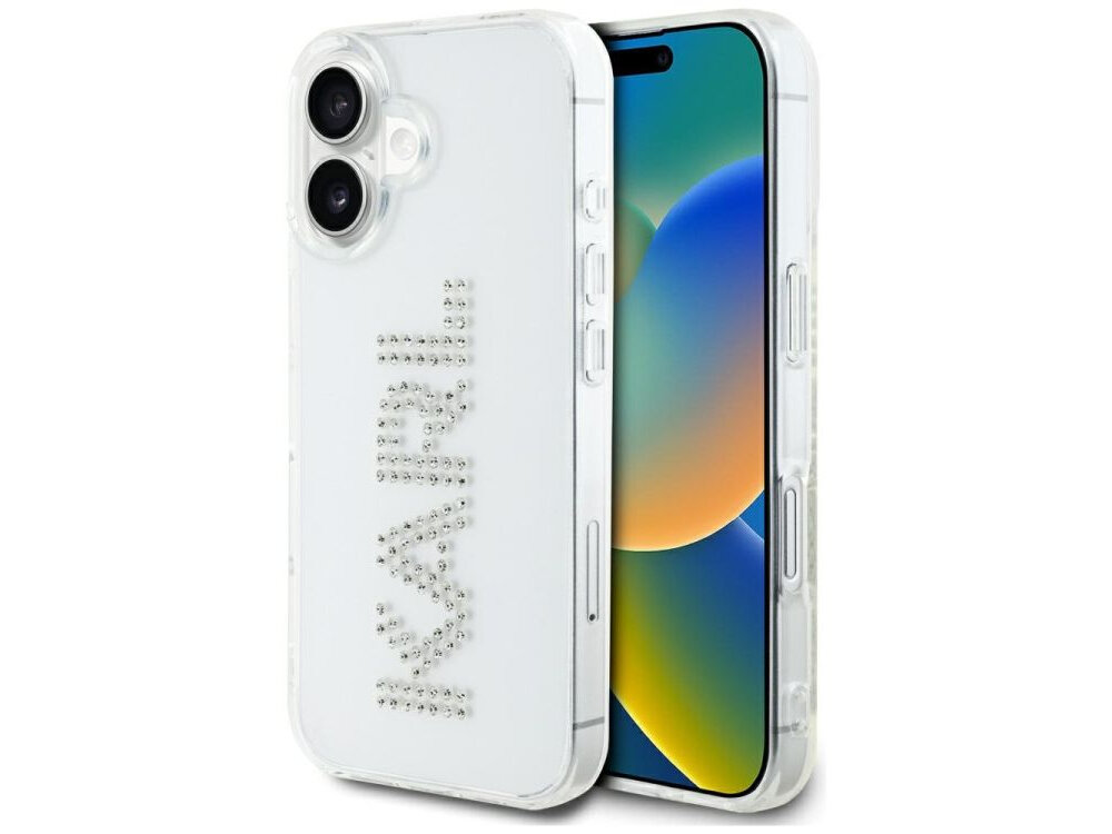 Etui KARL LAGERFELD IML Rhinestones Logo do Apple iPhone 16 Przezroczysty etui na białym tle cyrkonie, napis, elegancja