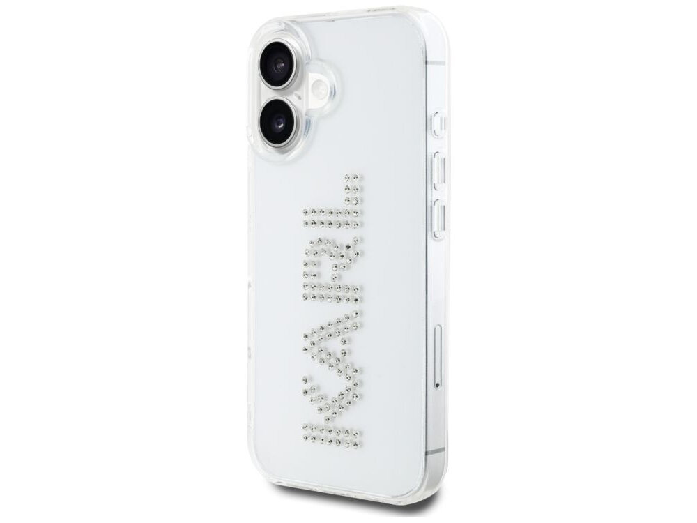 Etui KARL LAGERFELD IML Rhinestones Logo do Apple iPhone 16 Przezroczysty etui na białym tle elastyczne boki, podniesione krawędzie, wykonanie, konstrukcja, solidność