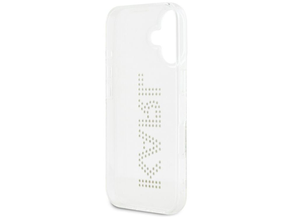 Etui KARL LAGERFELD IML Rhinestones Logo do Apple iPhone 16 Przezroczysty etui na białym tle wycięcia, osłony, precyzja, funkcjonalność