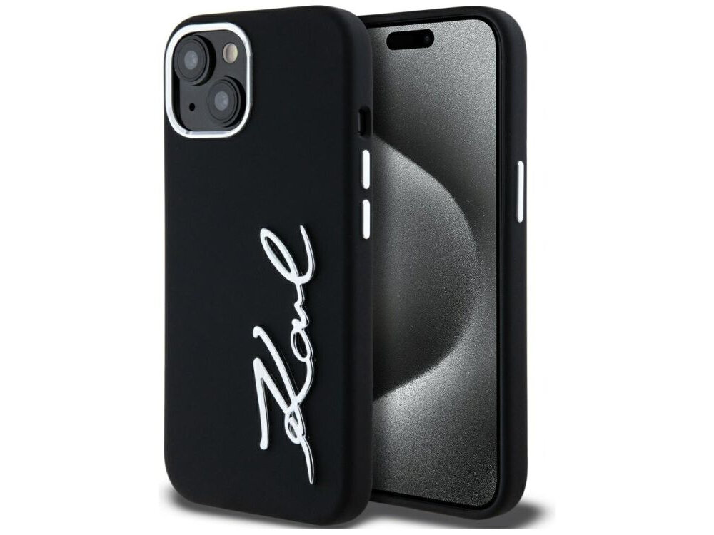 Etui KARL LAGERFELD Silicone Metal Script Logo do Apple iPhone 15 Czarny etui na białym tle detale, designerski akcent, forma, klasyka