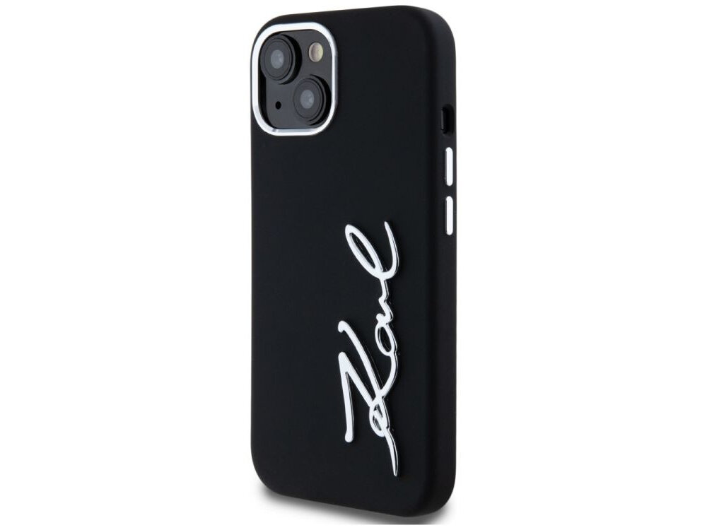 Etui KARL LAGERFELD Silicone Metal Script Logo do Apple iPhone 15 Czarny etui na białym tle trwałość odporność, wykonanie, podniesione ranty, wstrząsy, zarysowania, uderzenia