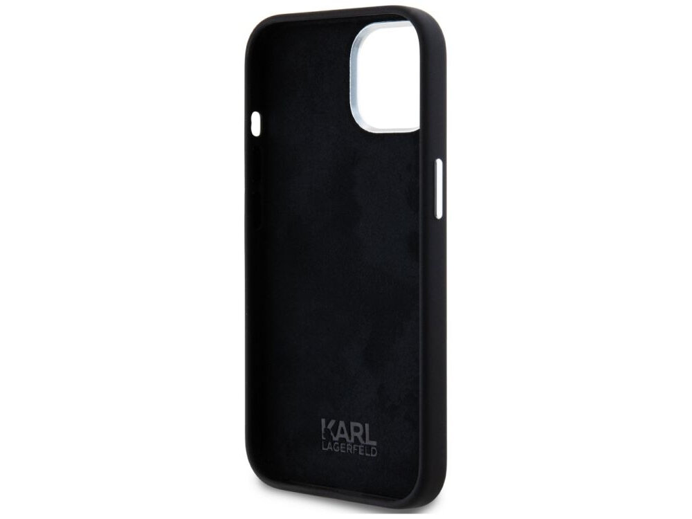 Etui KARL LAGERFELD Silicone Metal Script Logo do Apple iPhone 15 Czarny etui na białym tle elastyczne boki, montaż, demontaż, dopasowanie, konstrukcja, zintegrowane przyciski, wycięcia na porty